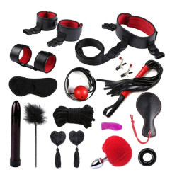 BDSM Restraints Set, Sex Toys for Beginners - Vibrator, Handcuff, Whip, Mouth Gag, Plug - 16 PCS, black/red