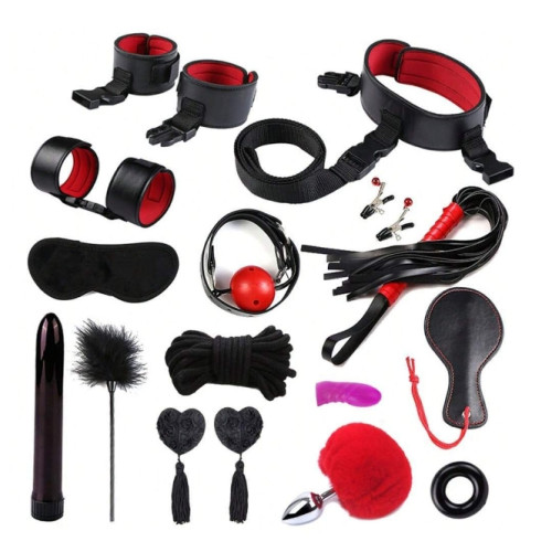 XXXXX  BDSM Restraints Set, Sex Toys for Beginners - Vibrator, Handcuff, Whip, Mouth Gag, Plug - 16 PCS, black/red